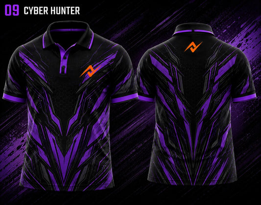 Front and back view of BGMI Polo Collar Esports Jersey Design No.9 Cyber Hunter Edition featuring a black and purple cyber-themed esports design with orange logo placement on the side chest and below the back collar.