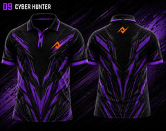 Front and back view of BGMI Polo Collar Esports Jersey Design No.9 Cyber Hunter Edition featuring a black and purple cyber-themed esports design with orange logo placement on the side chest and below the back collar.