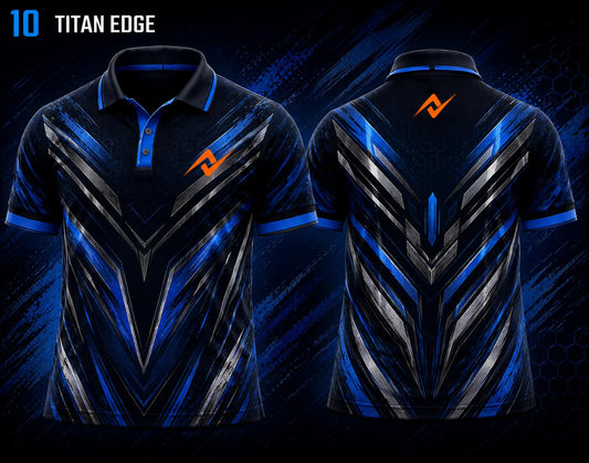 Front and back view of BGMI Polo Collar Esports Jersey Design No.10 Titan Edge Edition featuring a black, electric blue, and silver esports design with orange logo placement on the side chest and below the back collar.