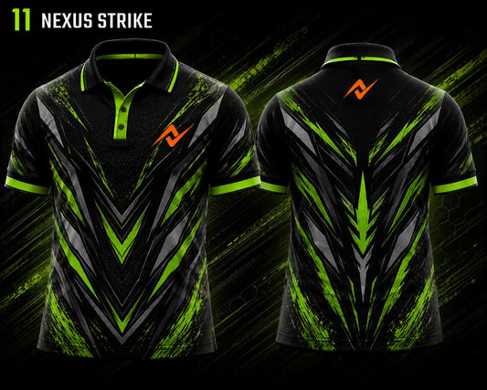 Front and back view of BGMI Polo Collar Esports Jersey Design No.11 Nexus Strike Edition featuring a black, neon green, and silver esports design with orange logo placement on the side chest and below the back collar.