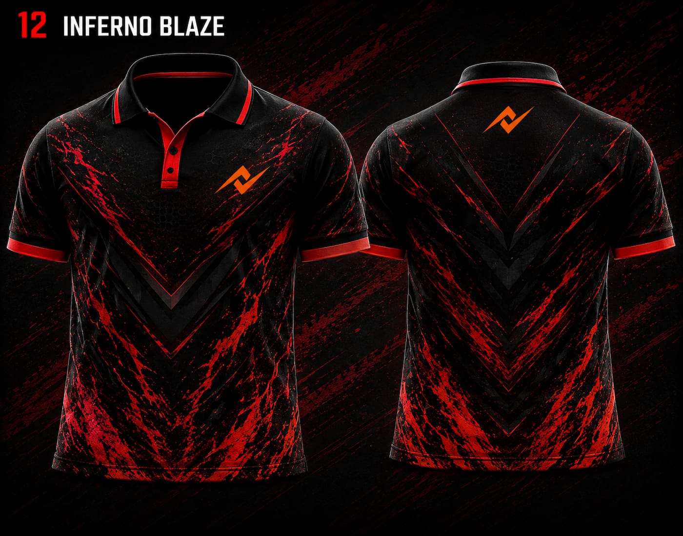 Front and back view of BGMI Polo Collar Esports Jersey Design No.12 Inferno Blaze Edition featuring a black and fiery red esports design with orange logo placement on the side chest and below the back collar.
