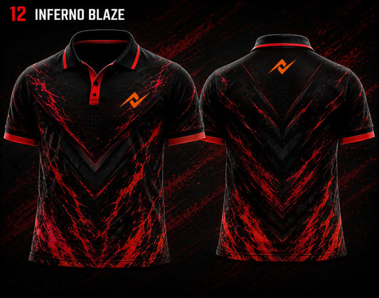 Front and back view of BGMI Polo Collar Esports Jersey Design No.12 Inferno Blaze Edition featuring a black and fiery red esports design with orange logo placement on the side chest and below the back collar.