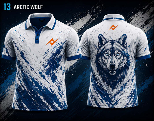 Front and back view of BGMI Polo Collar Esports Jersey Design No.13 Arctic Wolf Edition featuring a white and navy blue arctic-themed design with a wolf graphic and orange logo placement on the side chest and below the back collar.