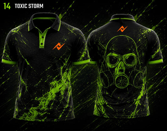 Front and back view of BGMI Polo Collar Esports Jersey Design No.14 Toxic Storm Edition featuring a black and toxic green gaming design with gas mask artwork and orange logo placement on the side chest and below the back collar.
