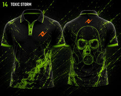 Front and back view of BGMI Polo Collar Esports Jersey Design No.14 Toxic Storm Edition featuring a black and toxic green gaming design with gas mask artwork and orange logo placement on the side chest and below the back collar.