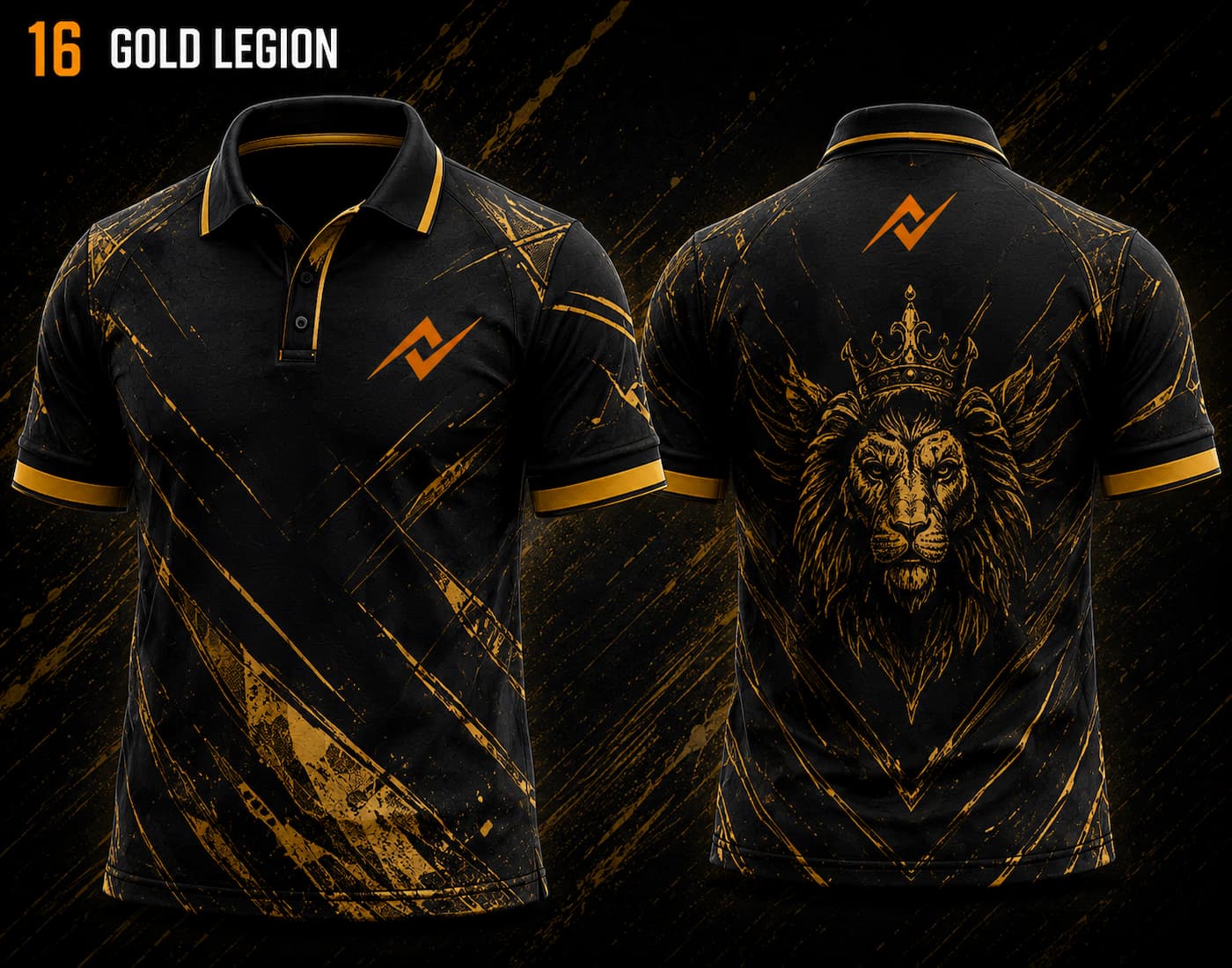 Front and back view of BGMI Polo Collar Esports Jersey Design No.16 Gold Legion Edition featuring a black and gold gaming design with crowned lion artwork and orange logo placement on the side chest and below the back collar.