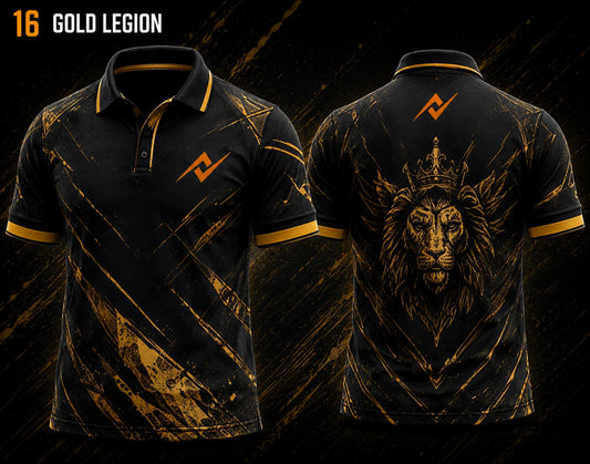 Front and back view of BGMI Polo Collar Esports Jersey Design No.16 Gold Legion Edition featuring a black and gold gaming design with crowned lion artwork and orange logo placement on the side chest and below the back collar.