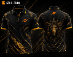 Front and back view of BGMI Polo Collar Esports Jersey Design No.16 Gold Legion Edition featuring a black and gold gaming design with crowned lion artwork and orange logo placement on the side chest and below the back collar.