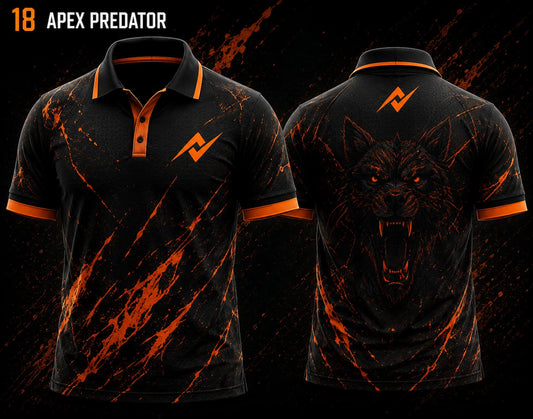 Front and back view of BGMI Polo Collar Esports Jersey Design No.18 Apex Predator Edition featuring a black and orange gaming design with a roaring wolf artwork and orange logo placement on the side chest and below the back collar.