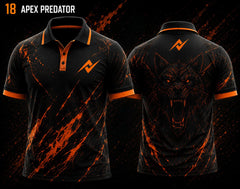 Front and back view of BGMI Polo Collar Esports Jersey Design No.18 Apex Predator Edition featuring a black and orange gaming design with a roaring wolf artwork and orange logo placement on the side chest and below the back collar.