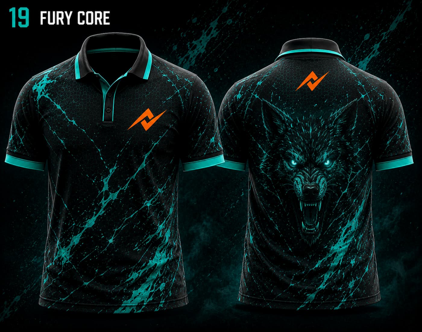 Front and back view of BGMI Polo Collar Esports Jersey Design No.19 Fury Core Edition featuring a black and cyan teal gaming design with a glowing wolf artwork and orange logo placement on the side chest and below the back collar.