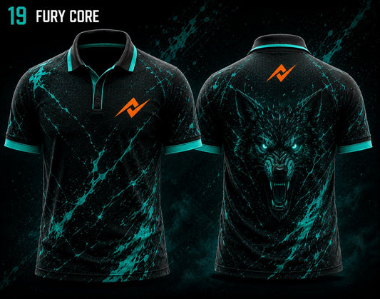 Front and back view of BGMI Polo Collar Esports Jersey Design No.19 Fury Core Edition featuring a black and cyan teal gaming design with a glowing wolf artwork and orange logo placement on the side chest and below the back collar.