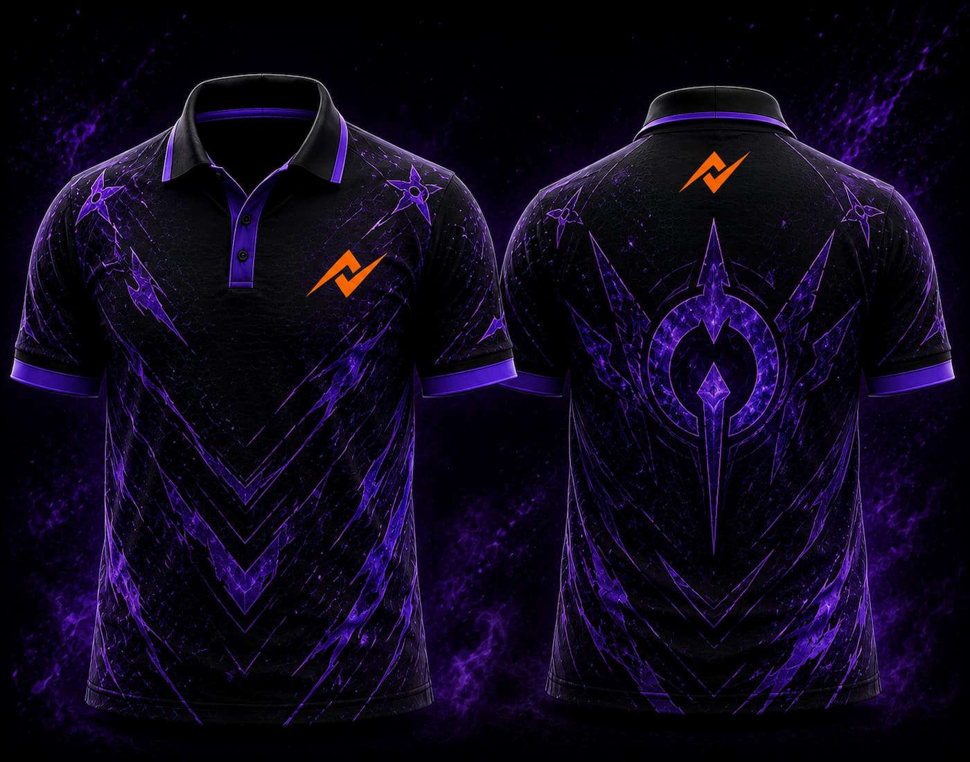 Front and back view of BGMI Polo Collar Esports Jersey Design No.20 Void Walker Edition featuring a black and neon purple gaming design with a futuristic void emblem and orange logo placement on the side chest and below the back collar.