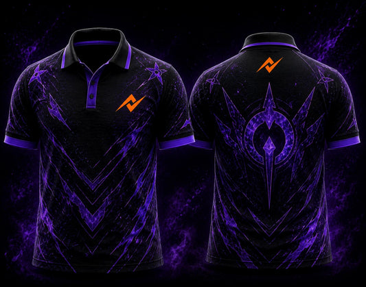 Front and back view of BGMI Polo Collar Esports Jersey Design No.20 Void Walker Edition featuring a black and neon purple gaming design with a futuristic void emblem and orange logo placement on the side chest and below the back collar.
