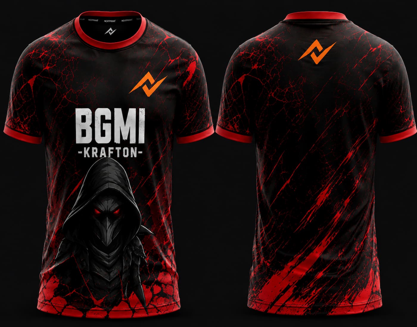 Front and back view of BGMI Shadow Reaper black and red esports jersey featuring a hooded reaper design and premium round neck gaming apparel style.