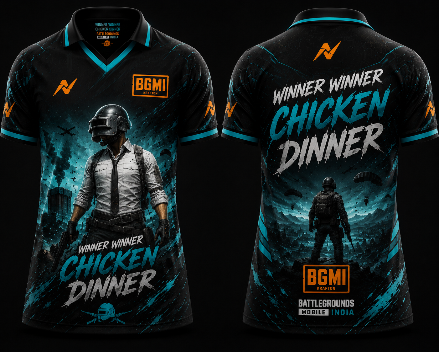 BGMI Shadow Strike Cyan Gaming Jersey Front and Back V Neck Polo Custom Esports Jersey by NextPrint