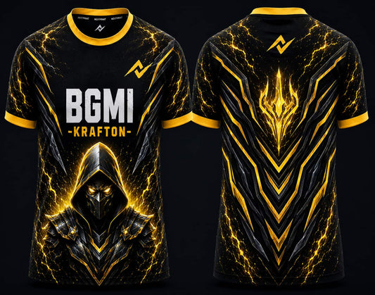 Front and back view of BGMI Shadow Warden Gold Edition black and gold round neck esports jersey featuring a futuristic hooded warrior and lightning energy graphics.