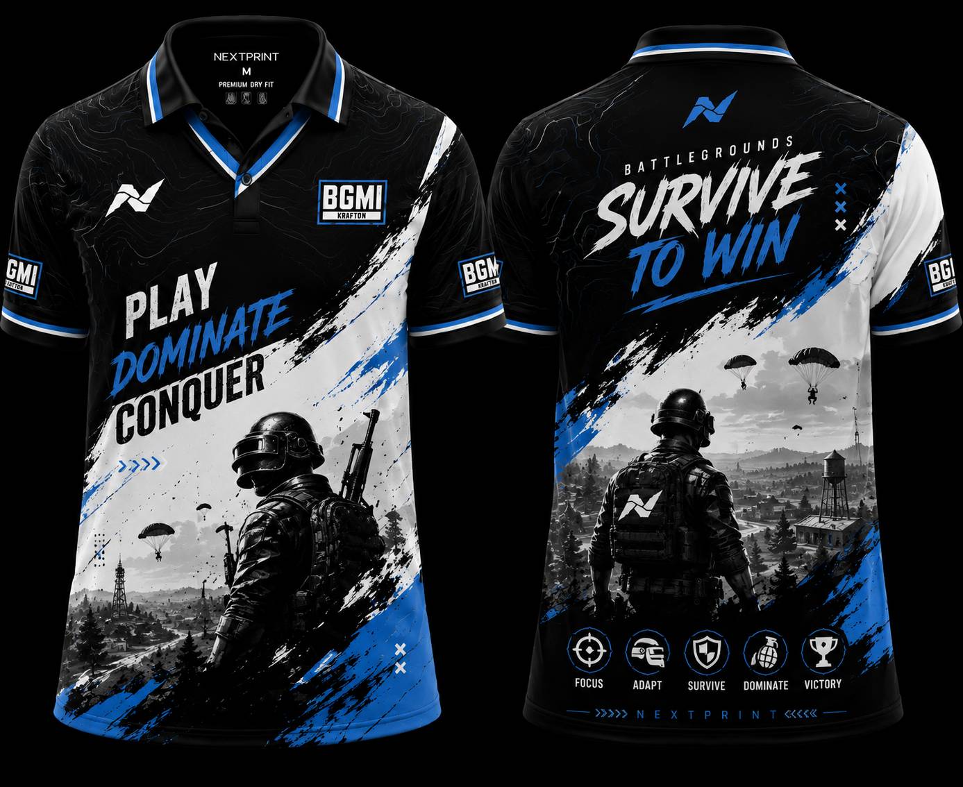 Black and Blue BGMI Survive To Win V-Neck Polo Esports Jersey front and back design with battle royale graphics and gaming theme.
