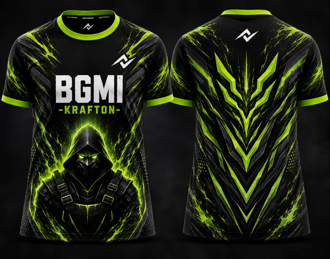 Front and back view of BGMI Toxic Shadow black and neon green round neck esports jersey featuring a futuristic hooded warrior and cyber energy graphics.