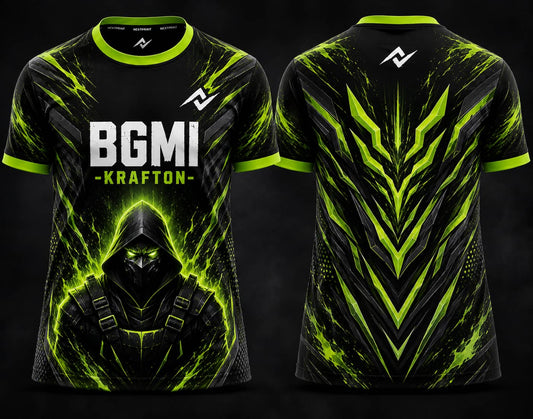 Front and back view of BGMI Toxic Shadow black and neon green round neck esports jersey featuring a futuristic hooded warrior and cyber energy graphics.