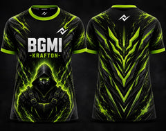 Front and back view of BGMI Toxic Shadow black and neon green round neck esports jersey featuring a futuristic hooded warrior and cyber energy graphics.