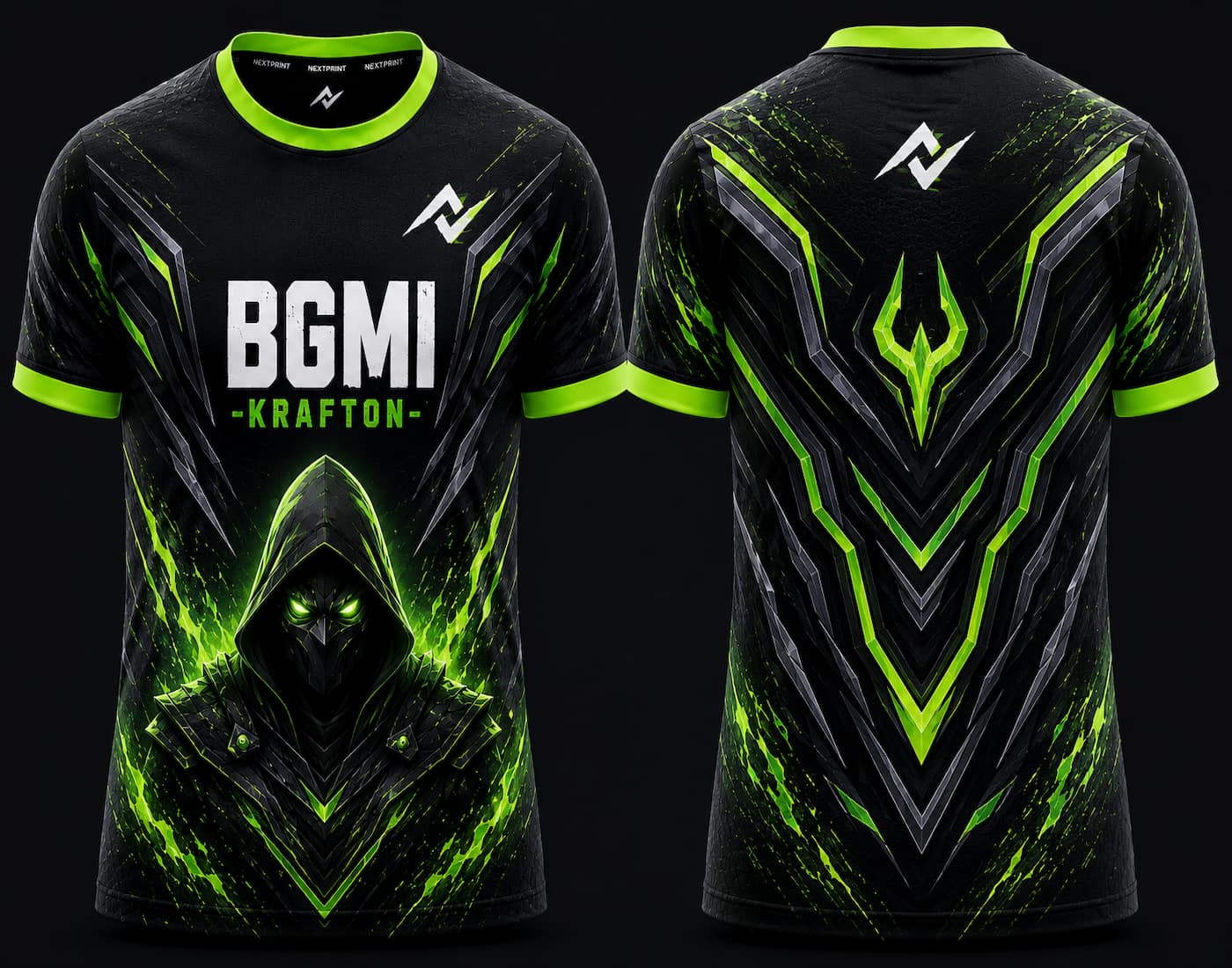 Front and back view of BGMI Venom Reaper black and neon green round neck esports jersey featuring futuristic assassin artwork and energy patterns.