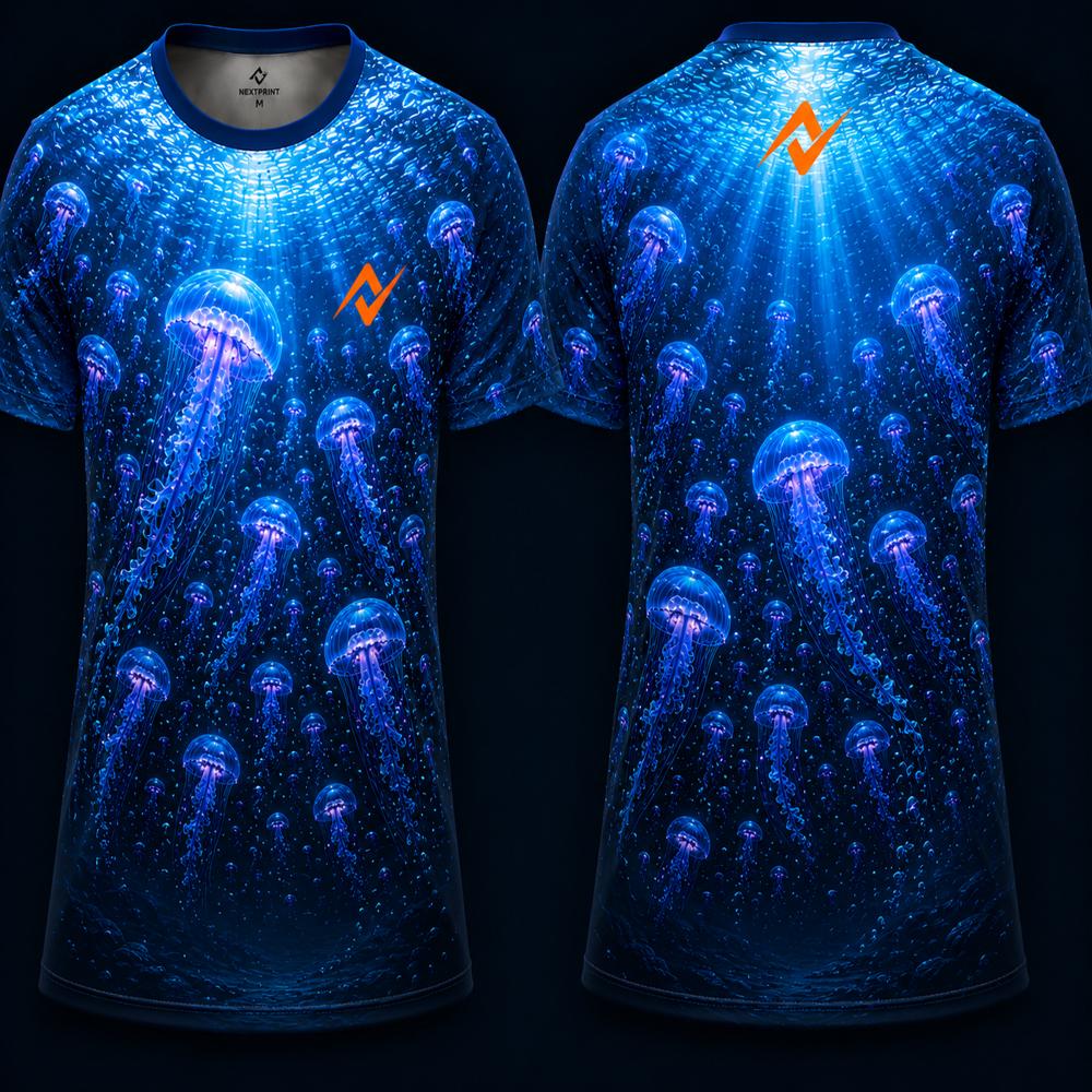 Bioluminescent Jellyfish Sublimation Round Neck Sports Jersey featuring glowing blue jellyfish underwater design with front and back views by Next Print.