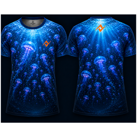 Bioluminescent Jellyfish Sublimation Round Neck Sports Jersey featuring glowing blue jellyfish underwater design with front and back views by Next Print.