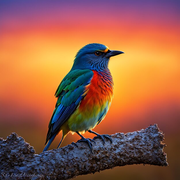 Next Print a bird with a colorful background of a sunset in the background printed T-Shirt.