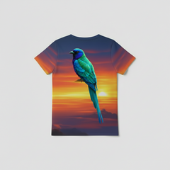 Next Print a bird with a colorful background of a sunset in the background printed T-Shirt.