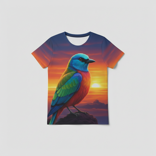 Next Print a bird with a colorful background of a sunset in the background printed T-Shirt.