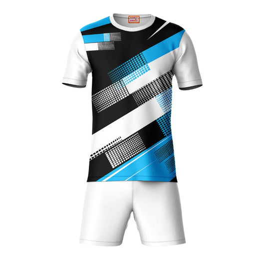 Black blue geometric pattern sports t-shirt with white shorts co-ord set front view