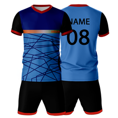 Black blue pattern sports jersey with black shorts back view
