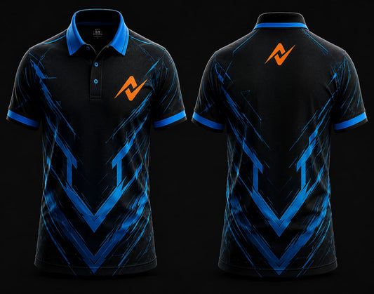 Black and blue polo collar esports jersey featuring electric blue V-shaped graphics, orange logo on the left chest, and matching logo below the back neckline, front and back mockup.