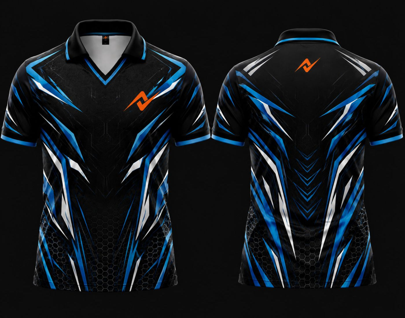 Front and back view of a black and blue esports jersey featuring a V-neck polo collar with chest logo and back neck logo placement.