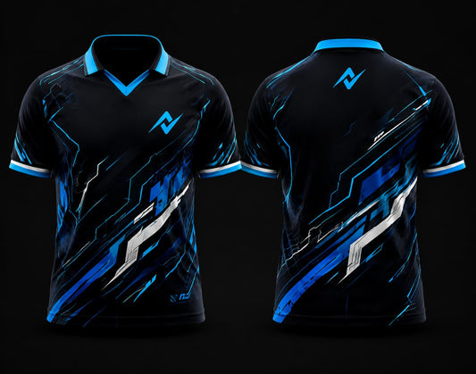 Black and blue V-neck polo collar esports jersey with futuristic cyber graphics shown in front and back views for custom gaming teams.