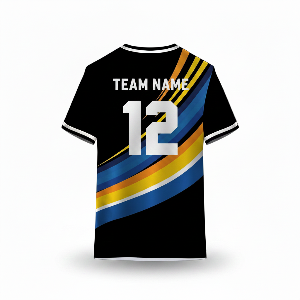 Black sports t-shirt back design with blue, yellow, and orange curved stripe pattern for custom sublimation team jersey printing by NextPrint India