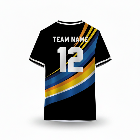 Black sports t-shirt back design with blue, yellow, and orange curved stripe pattern for custom sublimation team jersey printing by NextPrint India