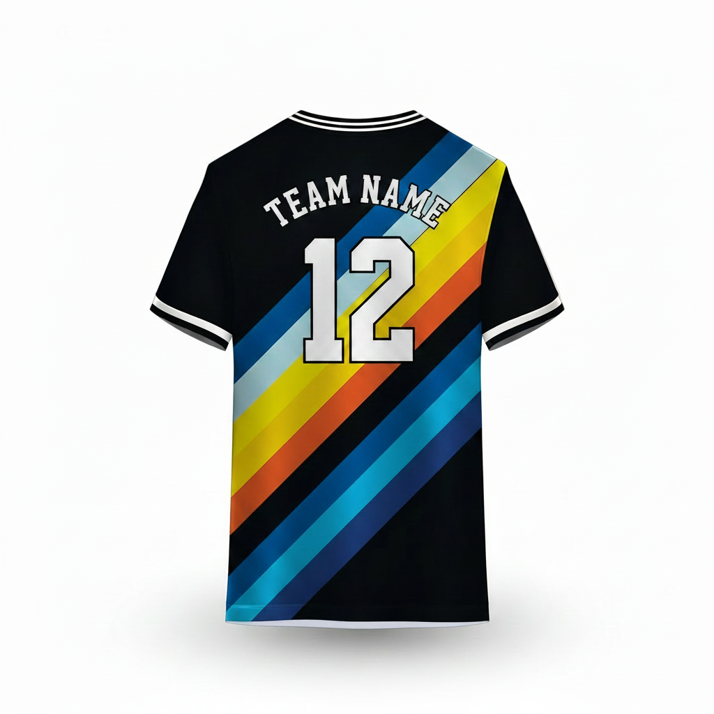 Black custom sports team jersey back view with colorful diagonal stripe pattern in blue yellow orange and cyan for cricket football and esports teams by NextPrint
