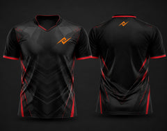 Black and crimson custom V-neck cricket jersey with subtle chevron graphics, red accents, chest logo, and back neck logo shown in front and back view.