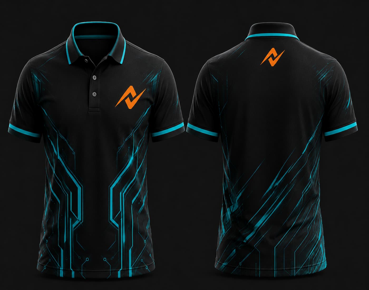 Black and cyan polo collar esports jersey with futuristic cyber circuit graphics, orange logo on the left chest, and matching logo below the back neck, front and back mockup.