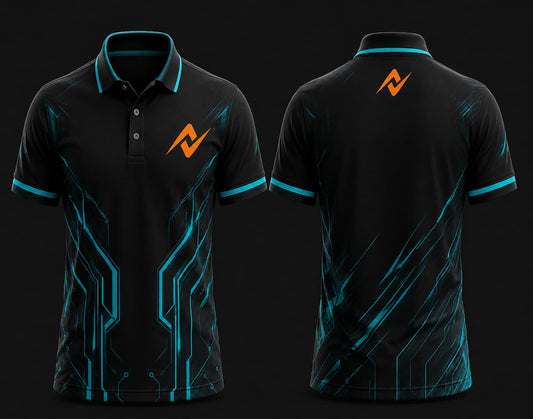 Black and cyan polo collar esports jersey with futuristic cyber circuit graphics, orange logo on the left chest, and matching logo below the back neck, front and back mockup.