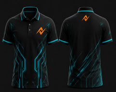 Black and cyan polo collar esports jersey with futuristic cyber circuit graphics, orange logo on the left chest, and matching logo below the back neck, front and back mockup.