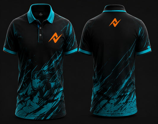 Black and cyan polo collar esports jersey featuring warrior-inspired graphics, orange logo on the left chest, and matching logo below the back neckline, front and back mockup.