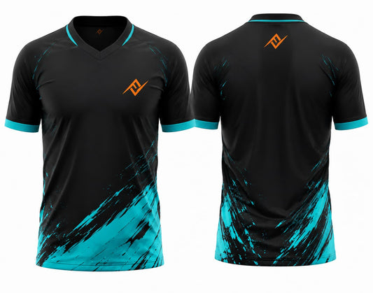 Front and back view of a black and cyan V-neck cricket jersey featuring bold splash graphics with custom logo placement on the chest and below the back neckline.