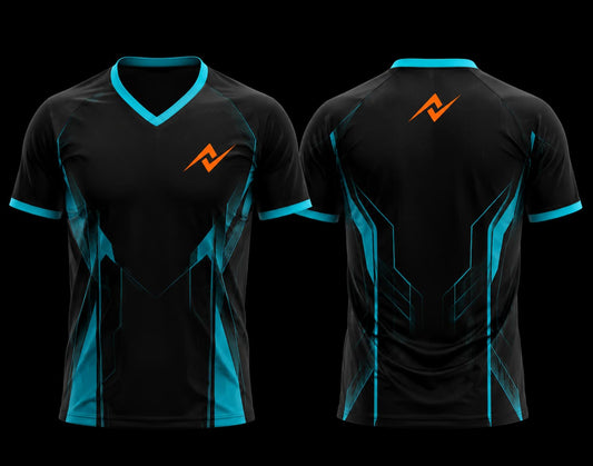 Black and cyan V-neck cricket jersey with futuristic geometric sublimation design shown from front and back with blank back.