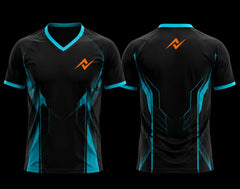 Black and cyan V-neck cricket jersey with futuristic geometric sublimation design shown from front and back with blank back.