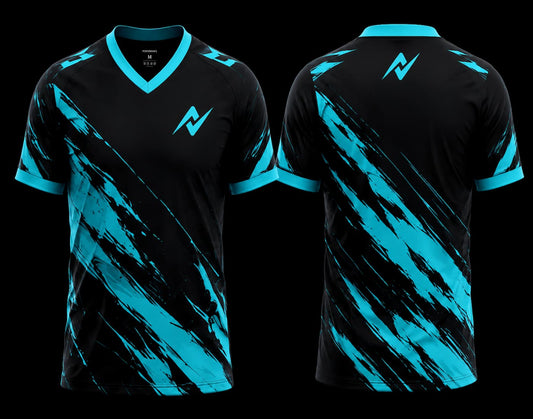 Black and cyan V-neck esports jersey featuring dynamic cyan brush-stroke graphics with premium front and back sublimation gaming jersey design.