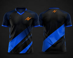 Front and back view of a black and electric blue custom V-neck cricket jersey featuring bold diagonal blue graphics, custom chest logo, and back neck logo.