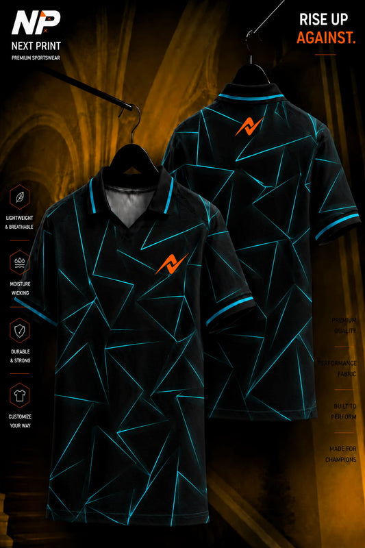 Front and back view of a black and electric blue geometric polo sports jersey with futuristic line graphics and premium dry-fit fabric.